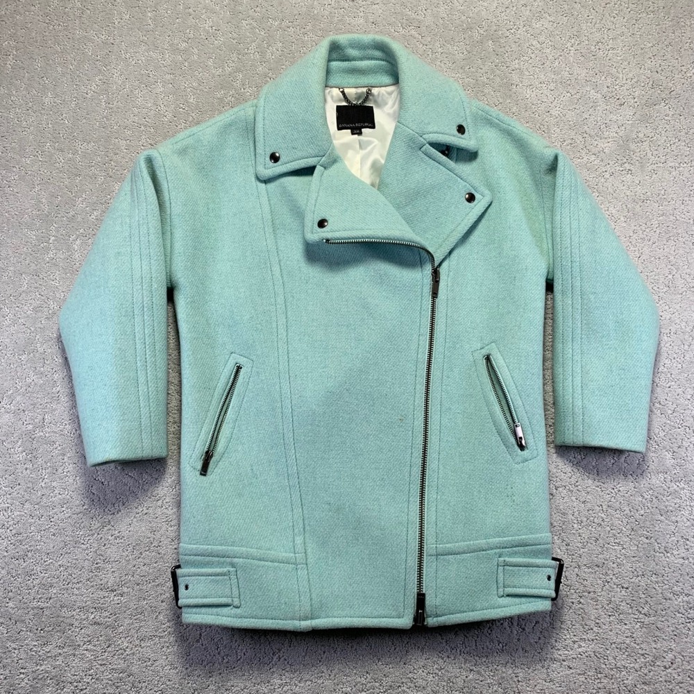 Banana Republic Coat Womens XS Petite Teal Wool Blend Long Jacket Zipper